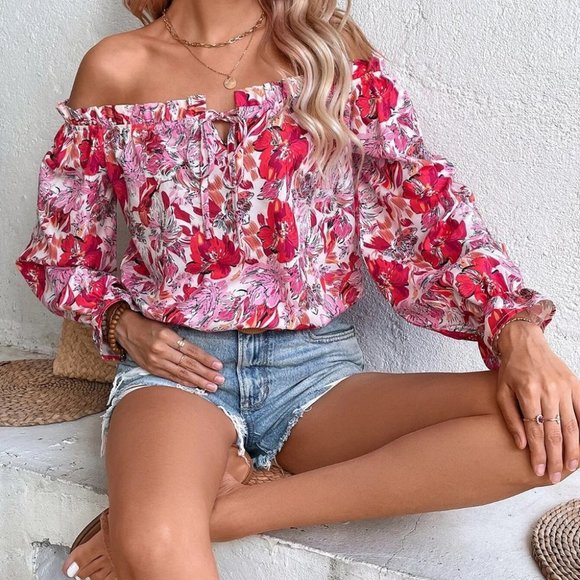 . Tops - Pink Boho Womens Floral Print Off Shoulder Flounce Sleeve Ruffle Trim Blouse